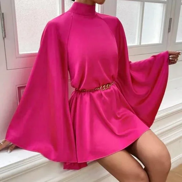 Pink Mock Neck  statement Trumpet Sleeved Backless Mini Dress - Picture 5 of 5